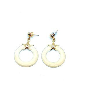 Vintage Star Dangle Drop Earrings, Gold Tone with Cream Enamel Hoop
